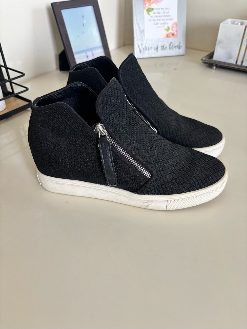 Steve Madden Black Knit Wedge Sneakers with White Sole and Silver Zip Accent
